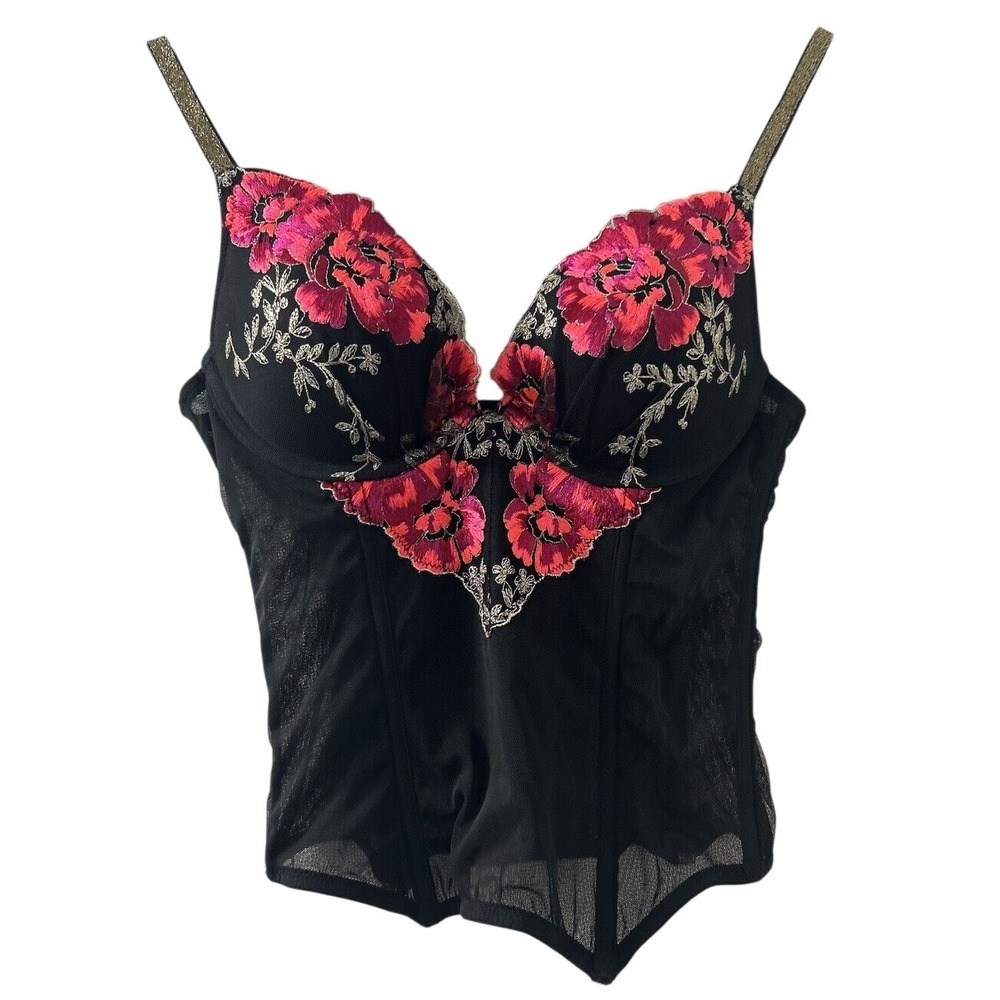 Victoria's Secret Floral Embroidered Bustier Corset Top 34B Black Pink Coquette